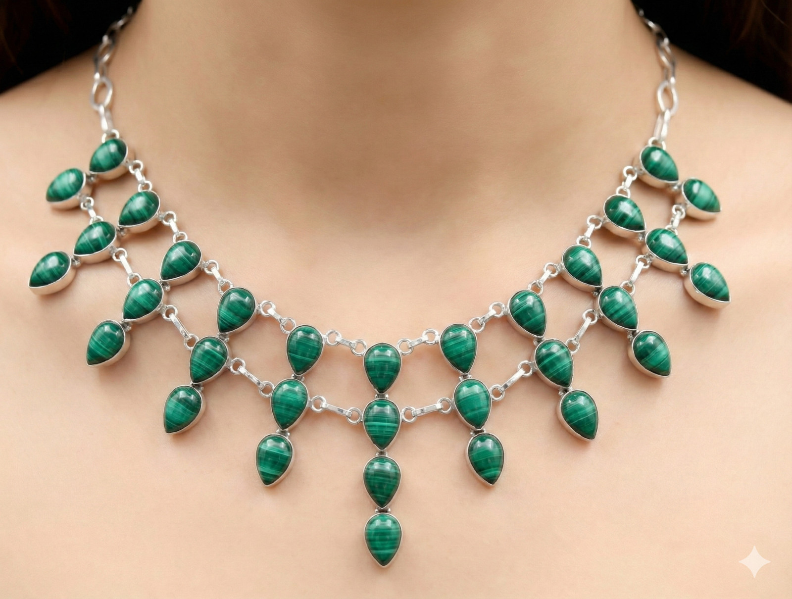 925 Sterling Silver Green Malachite Gemstone Handmade Jewelry Necklace Size-18″