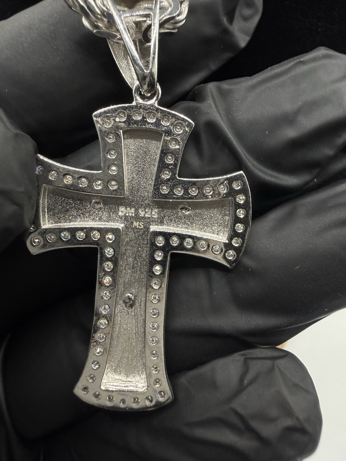 22” 4mm Sq Byzantine Sterling 925 W a Moissanite 925 Cross Pendant