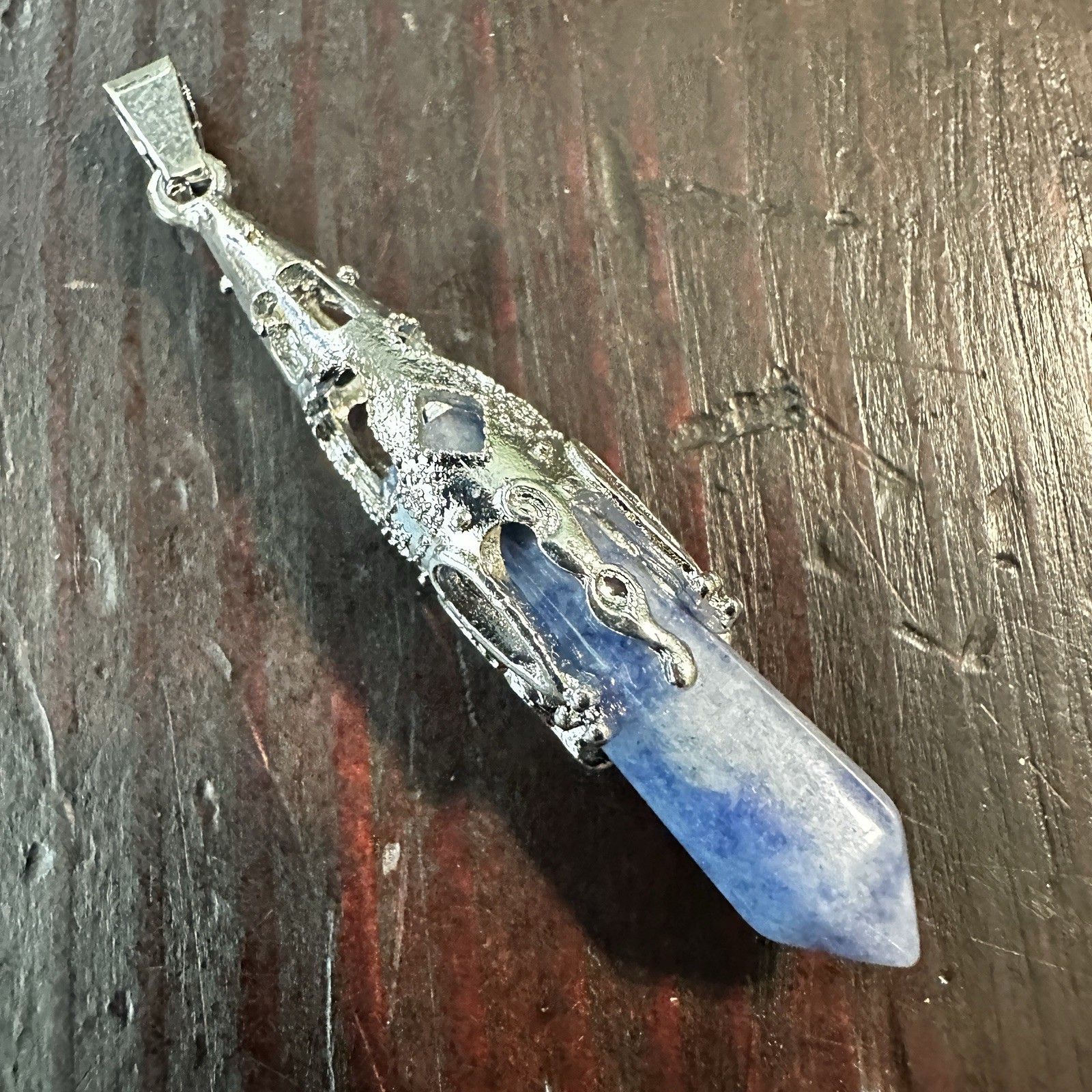 Blue Sodalite Pendant Silver Tone Engraved Metal Pendulum Charms Pyramid Hexagon