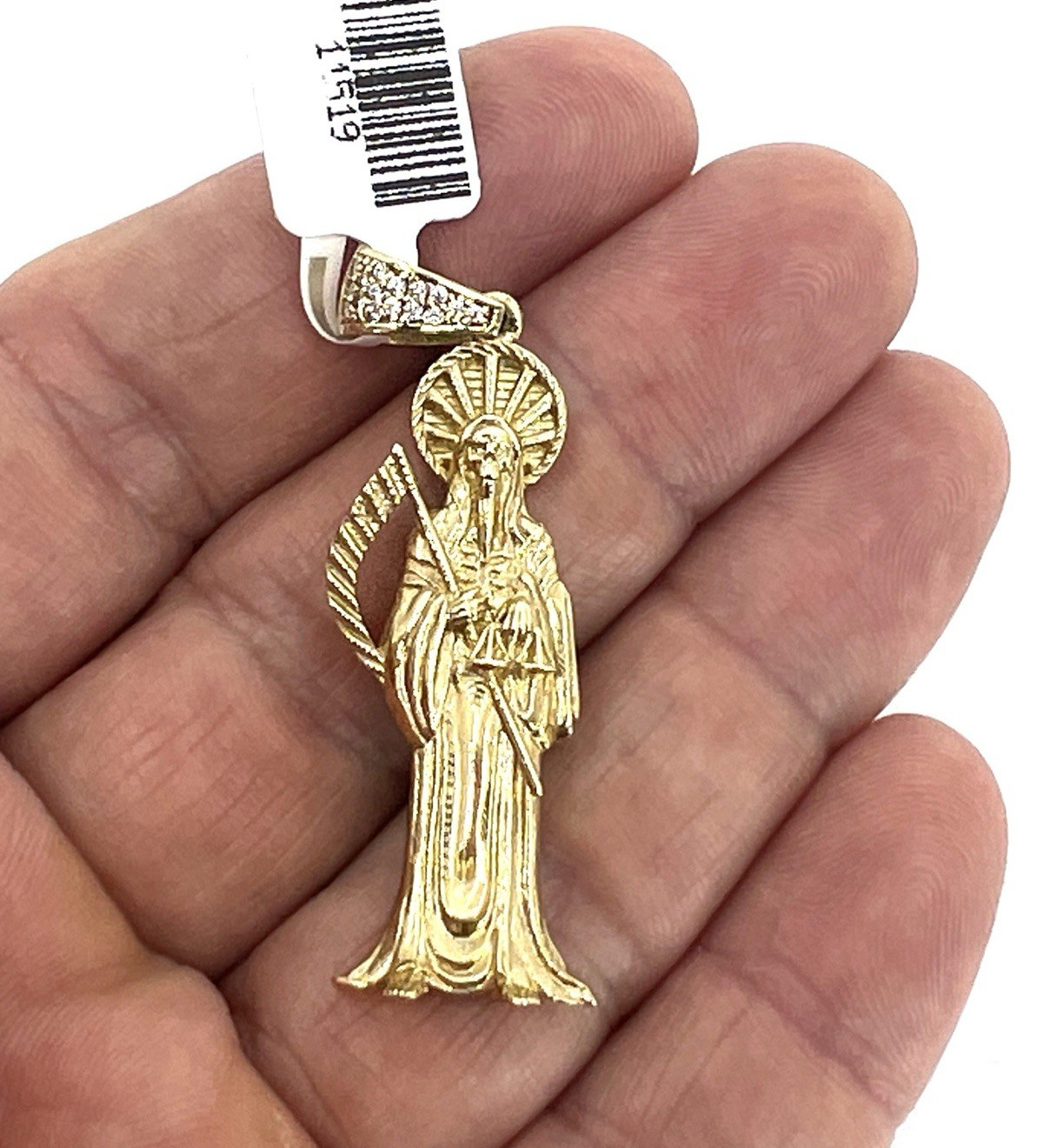 10K Yellow Gold Santa Muerte Pendant CZ Bail Grim Reaper Holy Death New OroAu
