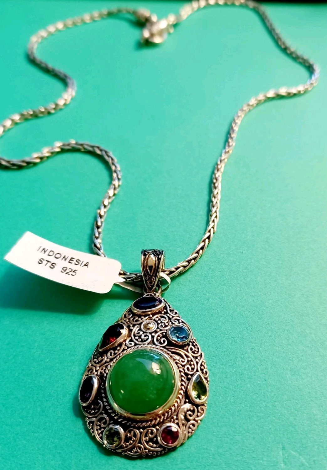 Burmese Green Jade Diamond Pendant Necklace in 925 Sterling Silver.