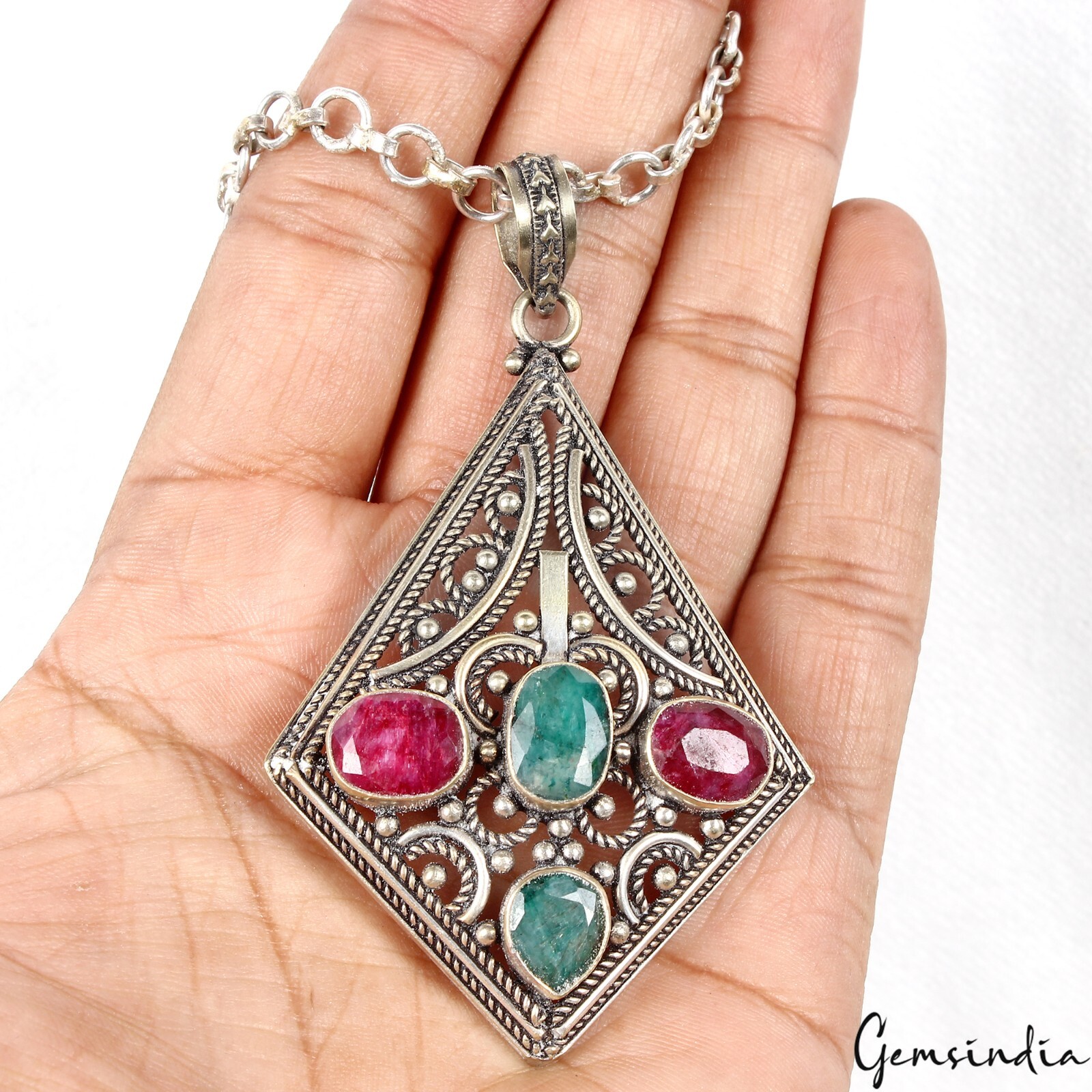 22.5g Multi Color Gems Hand Crafted German Silver Pendant Women Jewelry 3.25inch