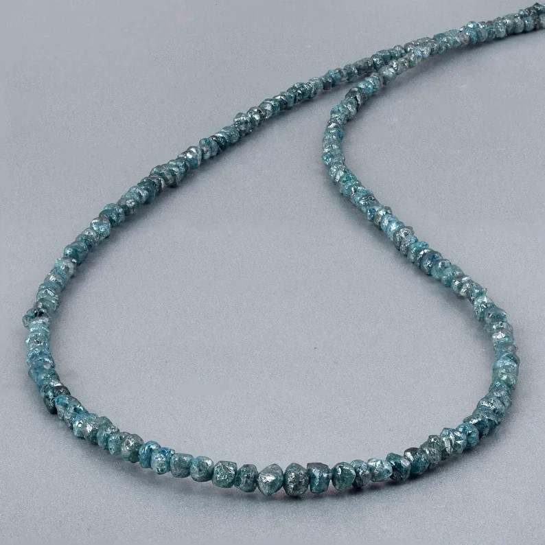 Natural Rough Blue Diamond Nugget Beads Necklace 925 Silver Handmade Chain