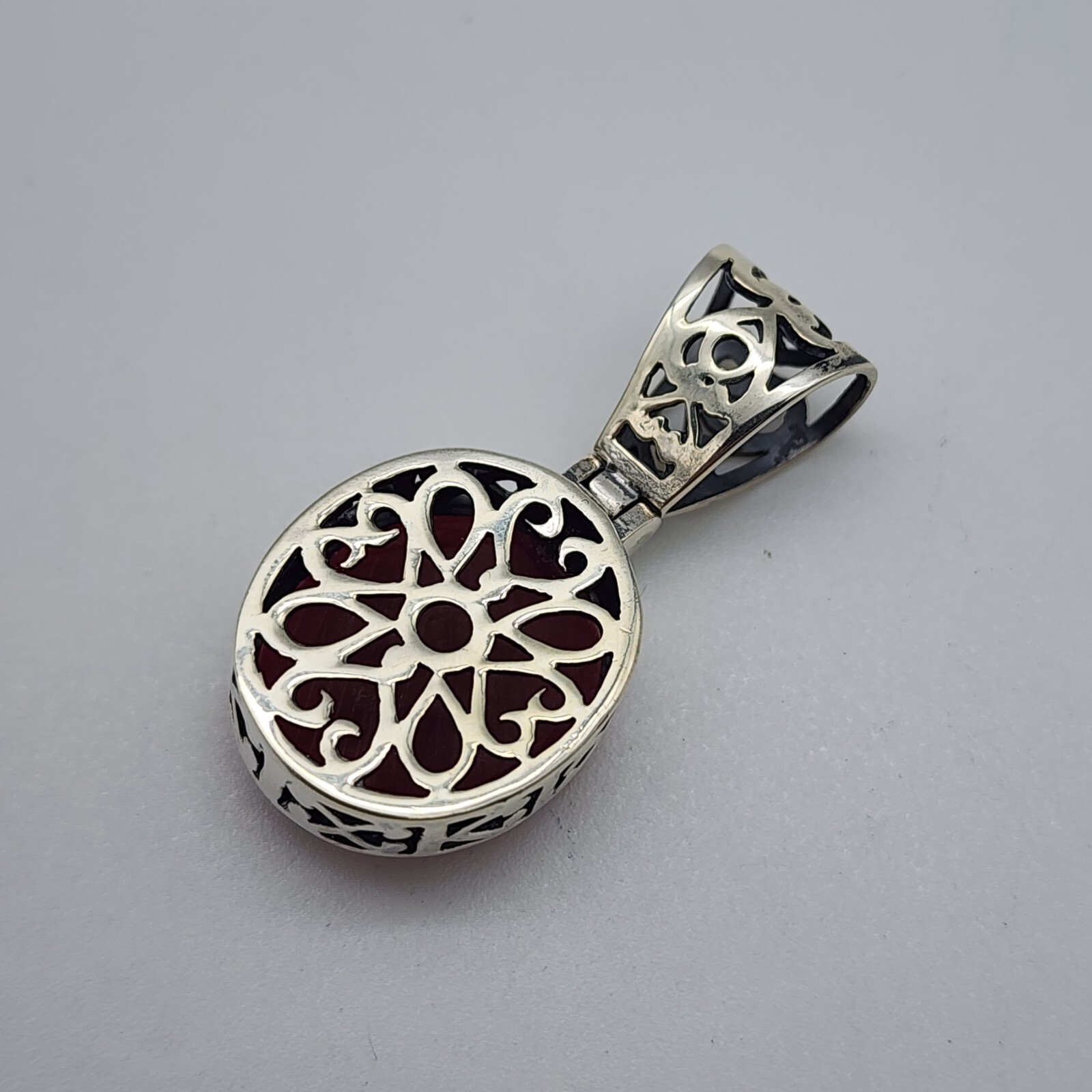 Sterling Silver 925 Red Plastic Resin – Open Work Asian Motif Pendant
