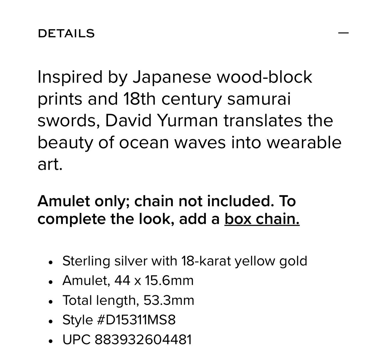 David Yurman Waves 18k Dagger Amulet 44mm