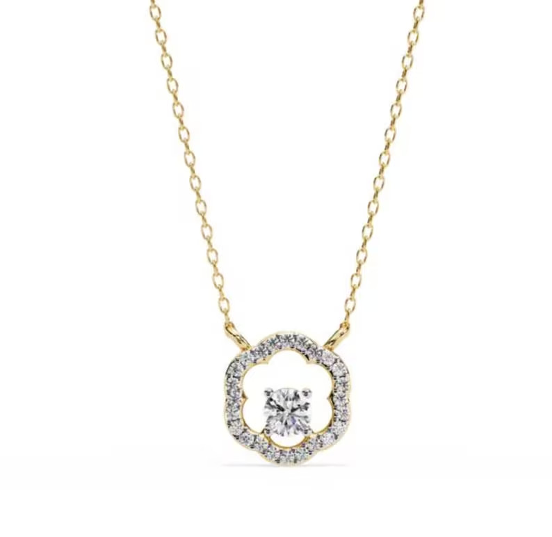 0.31 CTW Lab Grown Diamond Flower Pendant Round Halo Necklace Charm