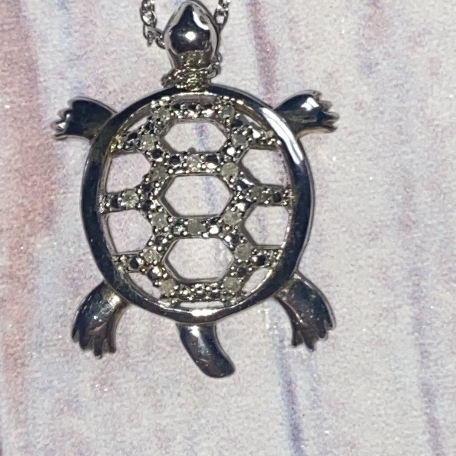 Sterling Silver Diamond Turtle Pendant Necklace 1/10 CTW 925 20” Beach Ocean