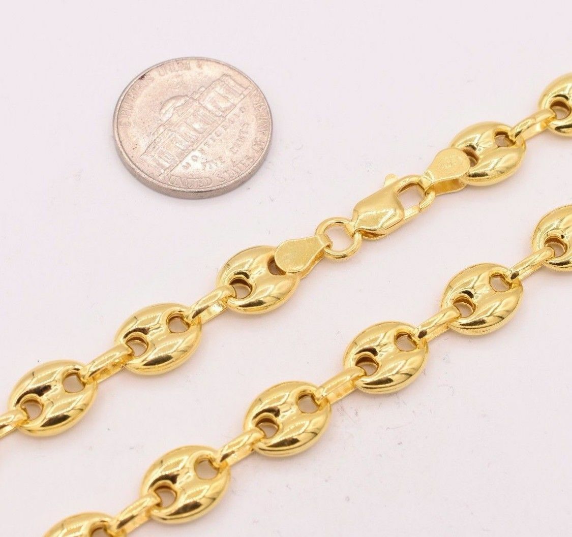 9mm Puffed Anchor Mariner Link Chain Necklace 14K Yellow Gold Plated Silver 925