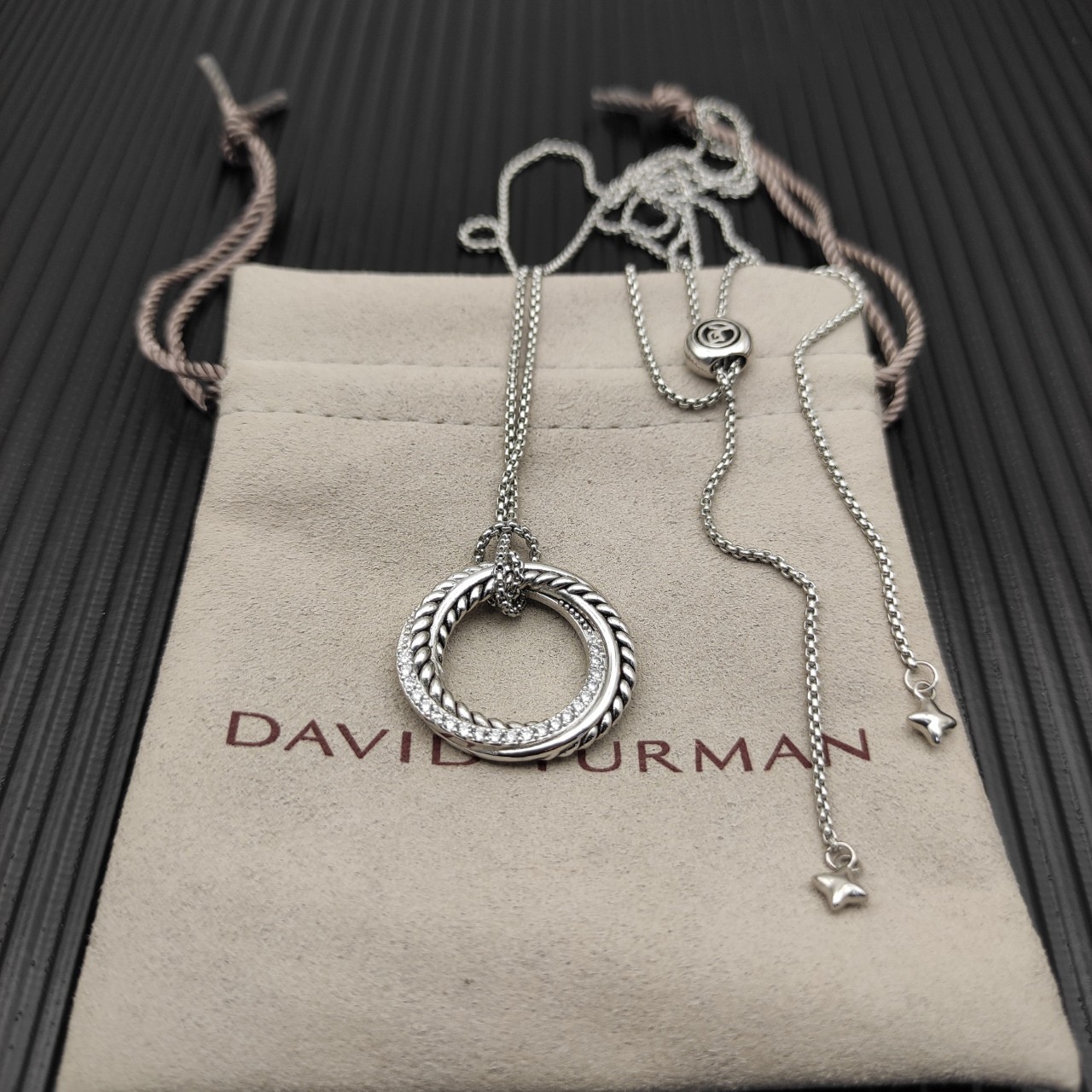 David Yurman Classic Cable Circle Pendant 925 Silver Diamond Slide Necklace 90cm