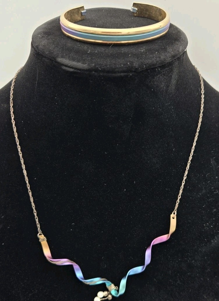 SP Titanium & Sterling 925 Rainbow Freshwater Pearl Choker Necklace & Bracelet
