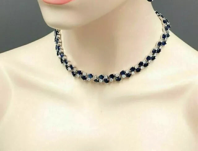 14k Gold Plated,14ct Pear Cut Blue Sapphire Women’s Choker Tennis Necklace 18″