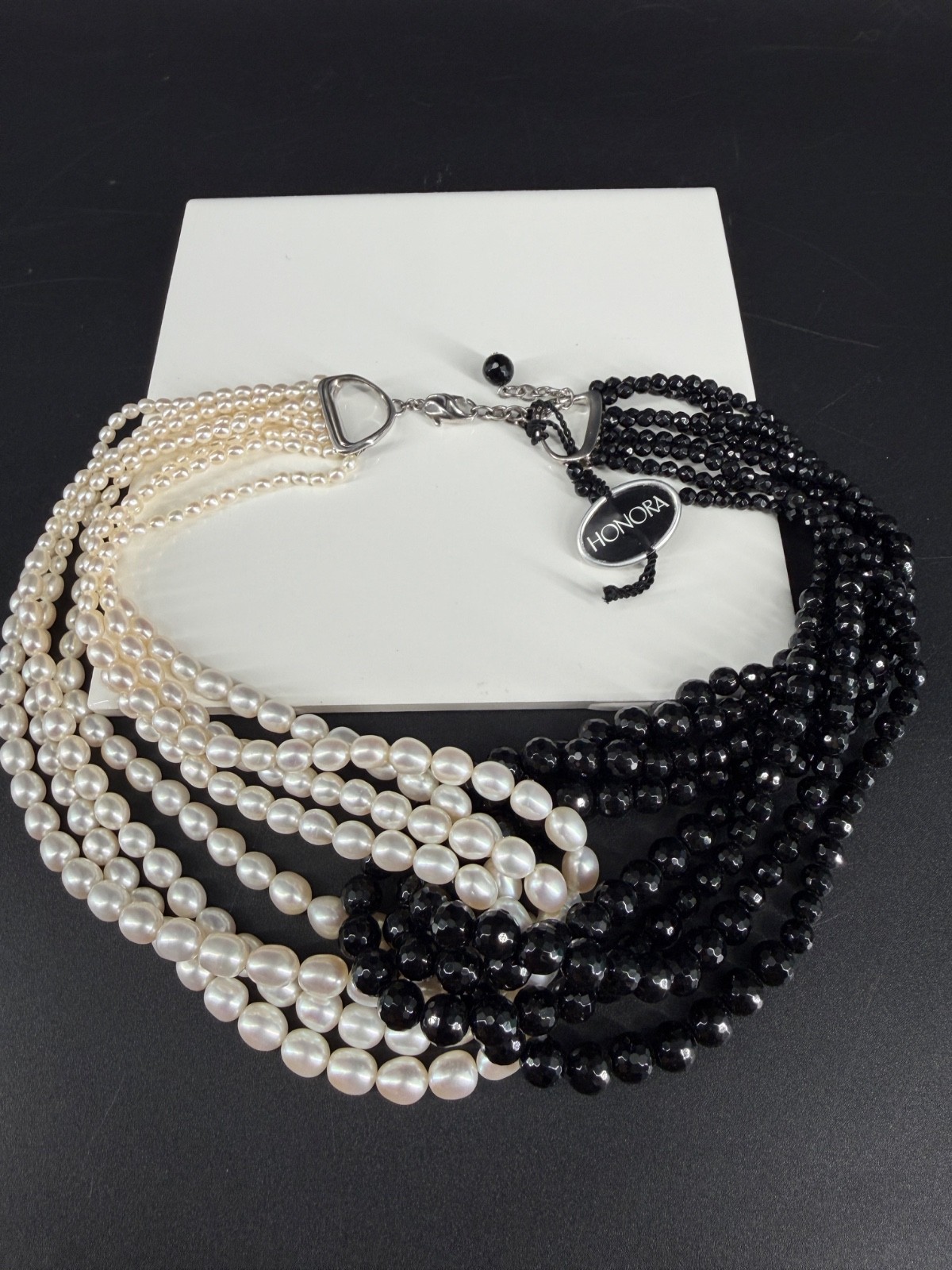 Honora Pearl Knot Necklace Multi Strand Black White Sterling 925 Statement