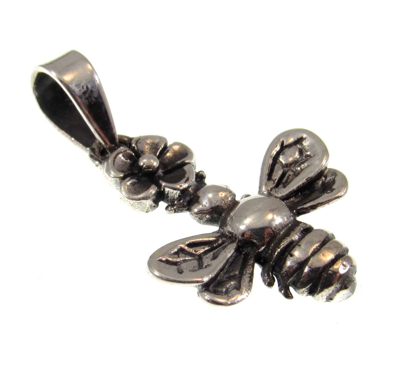 Handcrafted Solid 925 Sterling Silver Honey Bumble Bee and Flower Pendant Charm