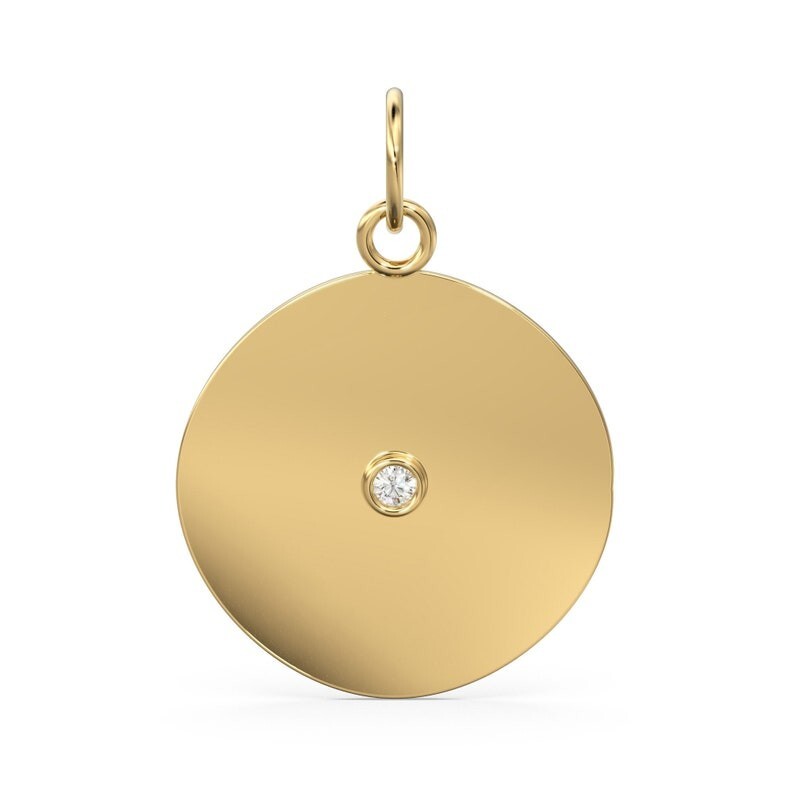 Round Disc Charm 14k 18k Gold Round Solitaire Bezel Set Diamond 21mm Pendant