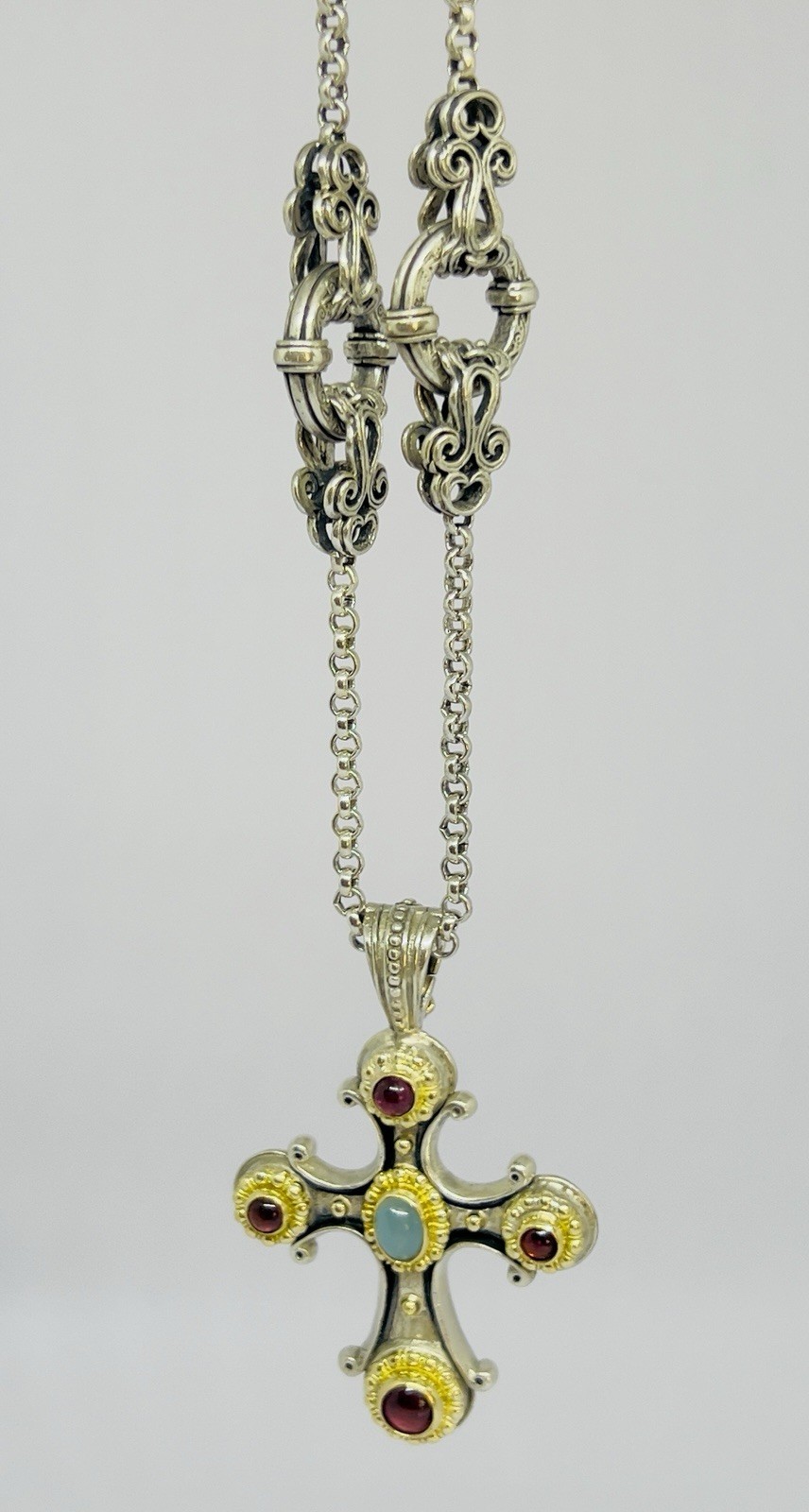 Konstantino 925 750 Aquamarine Pink Tourmaline Cross Pendant 18″ Toggle Chain