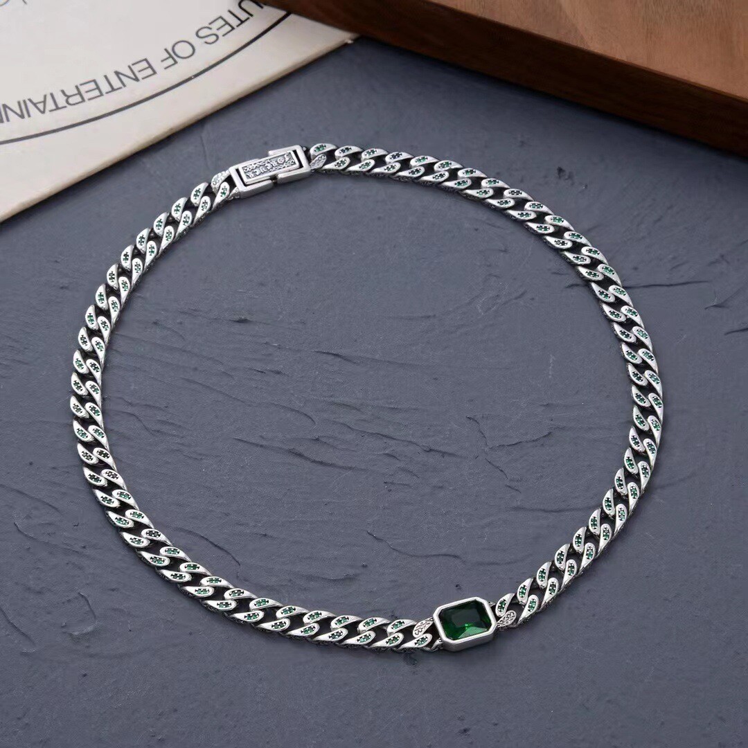 7MM 925 Sterling Silver Men Cuban Cureb Chain Necklace Green Blue Zircon 16-24″