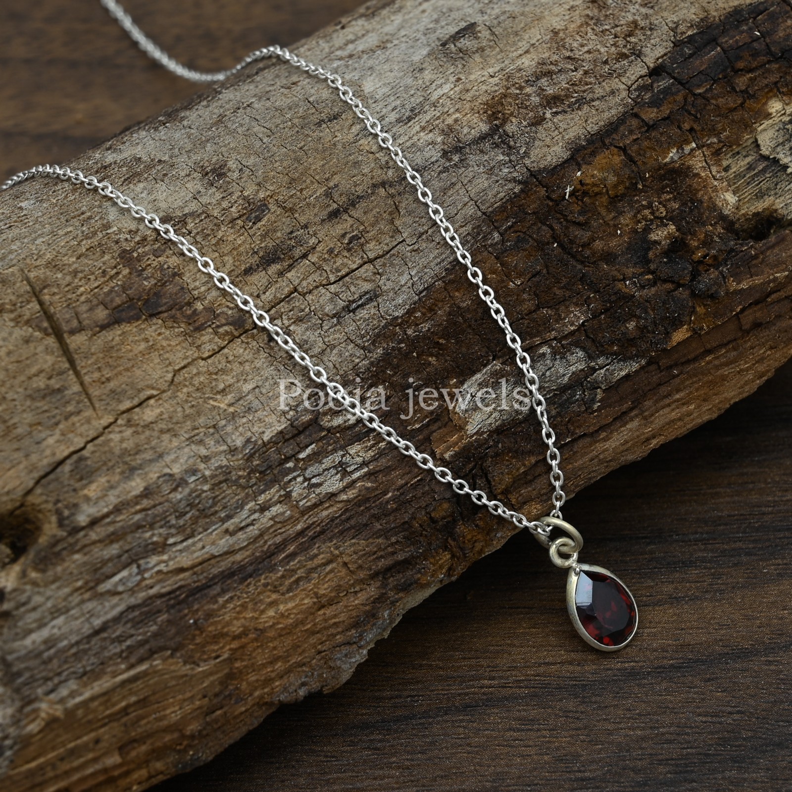 925 Sterling Silver Natural Garnet Pear Teardrop Pendant Red Gemstone Gift