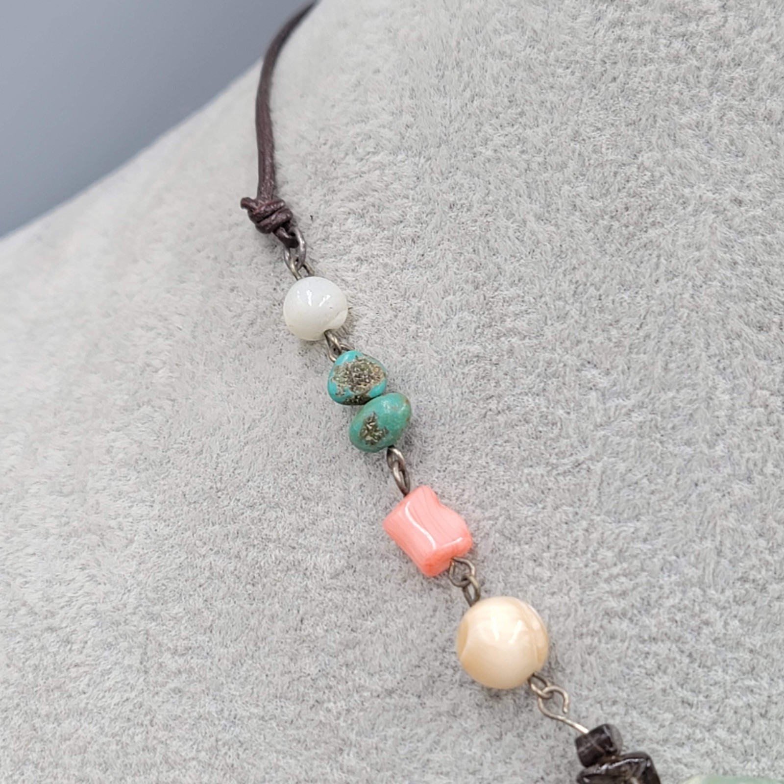 Multiple Gemstone Beads Sterling Silver 925 Necklace Leather Cord 15″