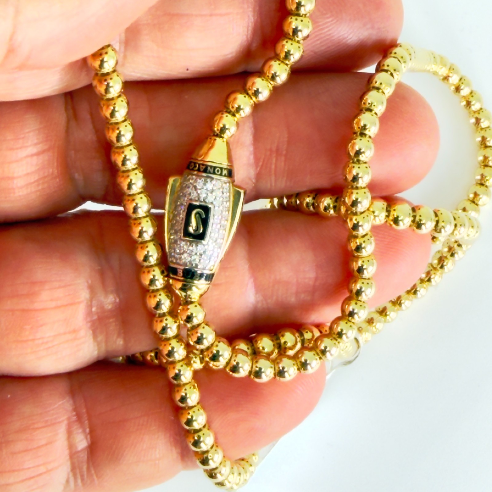 Monaco Chain BUB Pave Lock Necklace 14K Gold 3.8mm 22 inch Swarovski Mens