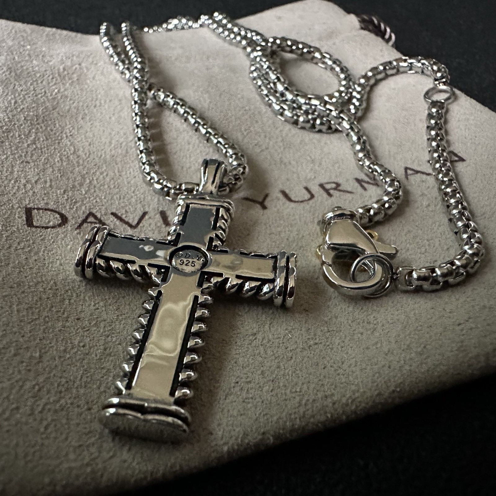 David Yurman Diamond Cable Cross Pendant Silver Classic Box Chain Necklace 55cm