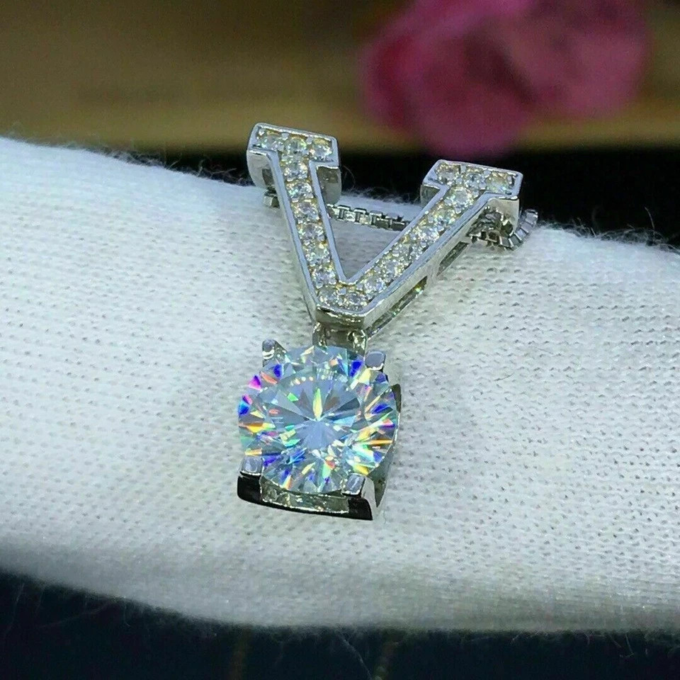 2 Carat Round Cut VVS1 Diamond V Shape Solitaire Pendant 14K White Gold Over