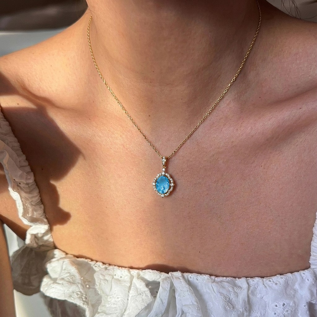 Blue Topaz Necklace, Blue Topaz Halo Pendant with Diamonds, Gift For Her