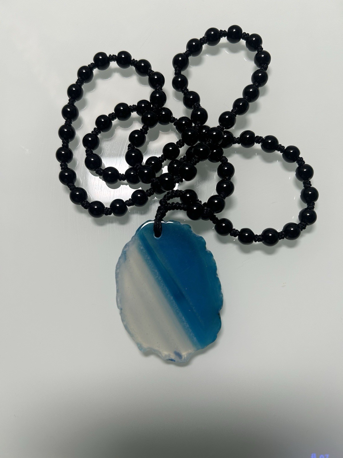 Blue Agate Slice Pendant Necklace Knotted Beaded 30, Asymmetrical Stone