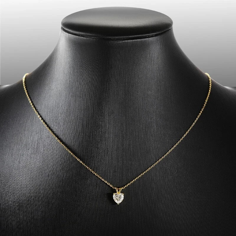 D VVS1 1ct Heart Cut Moissanite Pendant Necklace Chain 14k Yellow Gold Plated