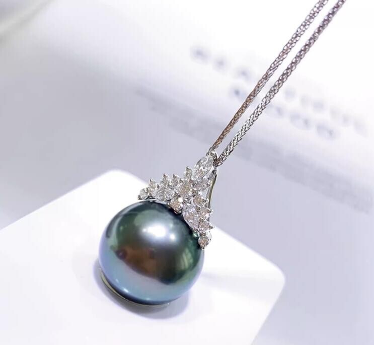 Gorgeous AAAAA 12-13mm south sea Black Round pearl pendant necklace 18 inch 925s