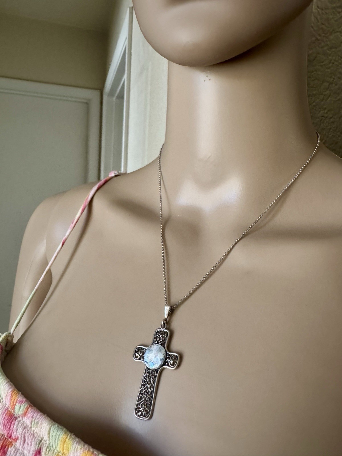 Sterling Silver 925 PZ Isreal Cross Pendant Chain Necklace 18” 925 Multi Color