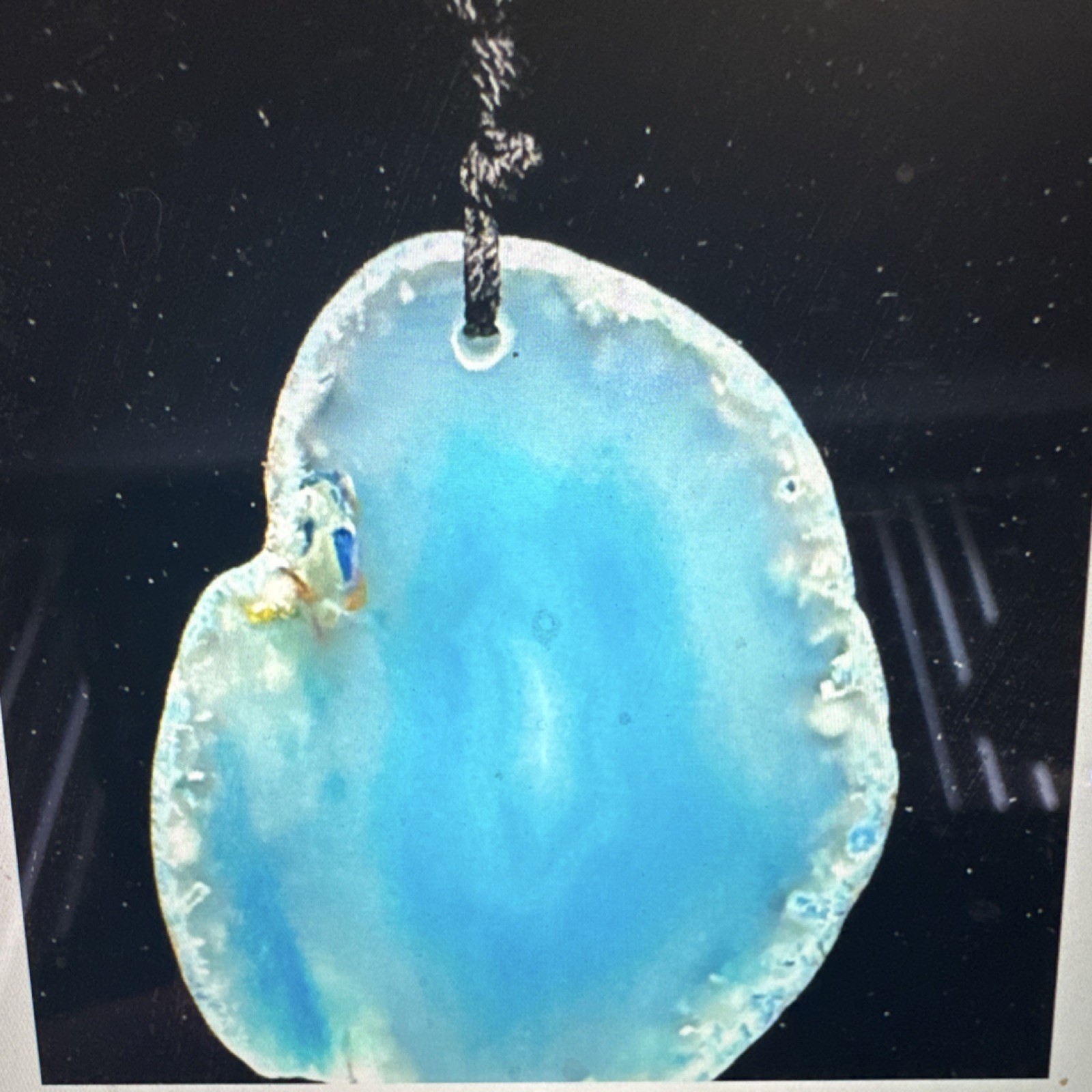Blue Agate Slice Pendant Necklace |18″ Beaded Chain Asymmetrical Stone