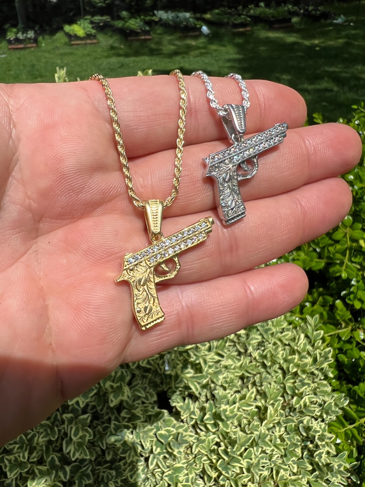 Real 925 Silver / 14k Gold Plated Gun Desert Eagle Pistol Pendant Necklace CZ