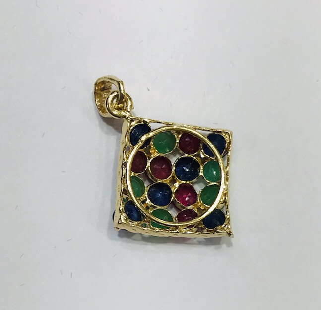14k Solid Yellow Gold Cluster Pendant W/Natural Round Emerald Ruby Sapphire2.58G