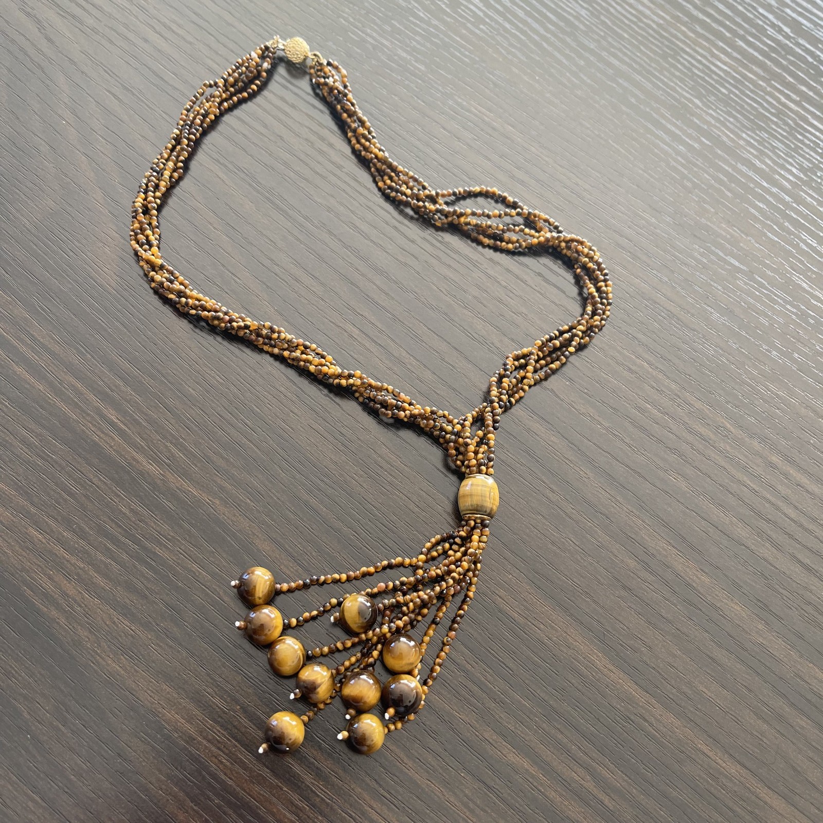Tiger Eye Bead Necklace 19in 18K Gold Clasp 5 Strand
