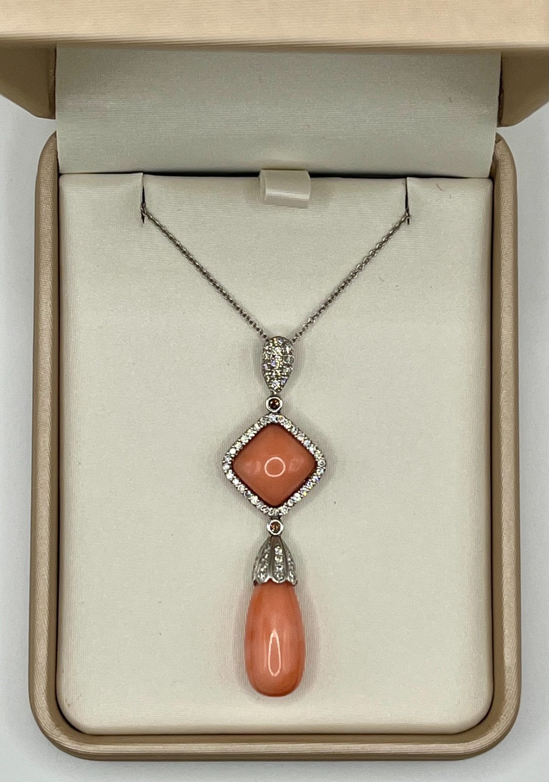 Pink Coral 18K White Gold Pendant and Necklace with Diamonds, 15″ Length
