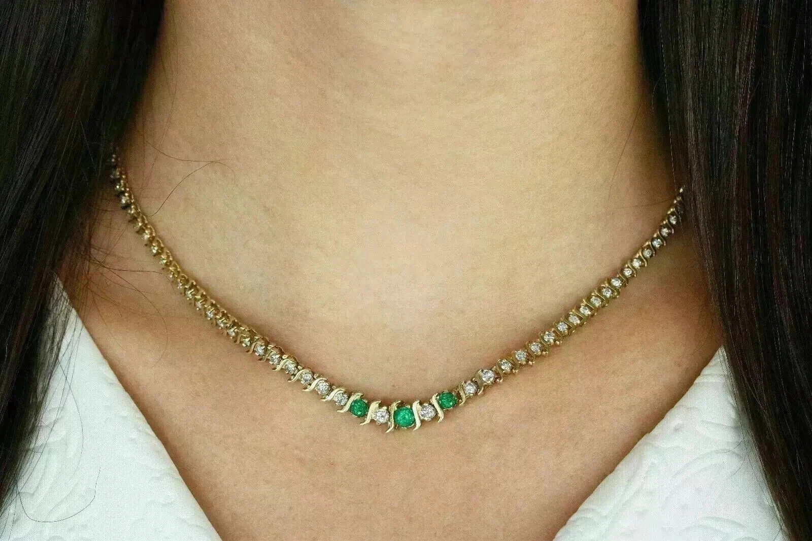 13CT Round Moissanite / Emerald Women’s Tennis Necklace 14K Yellow Gold Plated