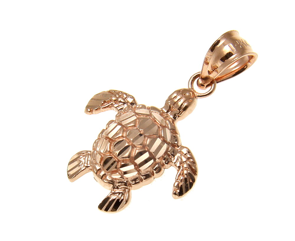 14K SOLID ROSE GOLD SPARKLY DIAMOND CUT HAWAIIAN SEA TURTLE HONU PENDANT SMALL
