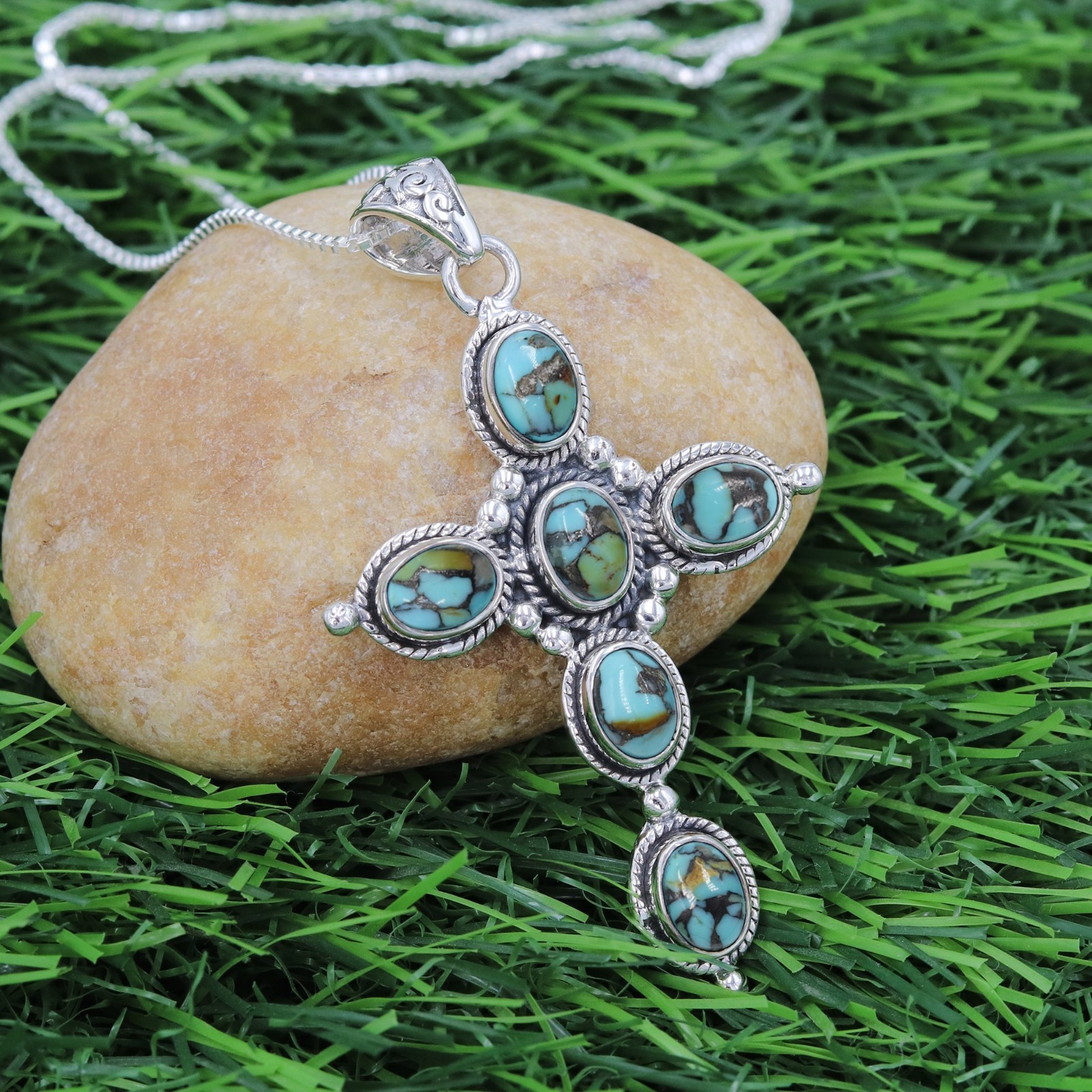 Turquoise Cross Necklace in 925 Sterling Silver with Chain