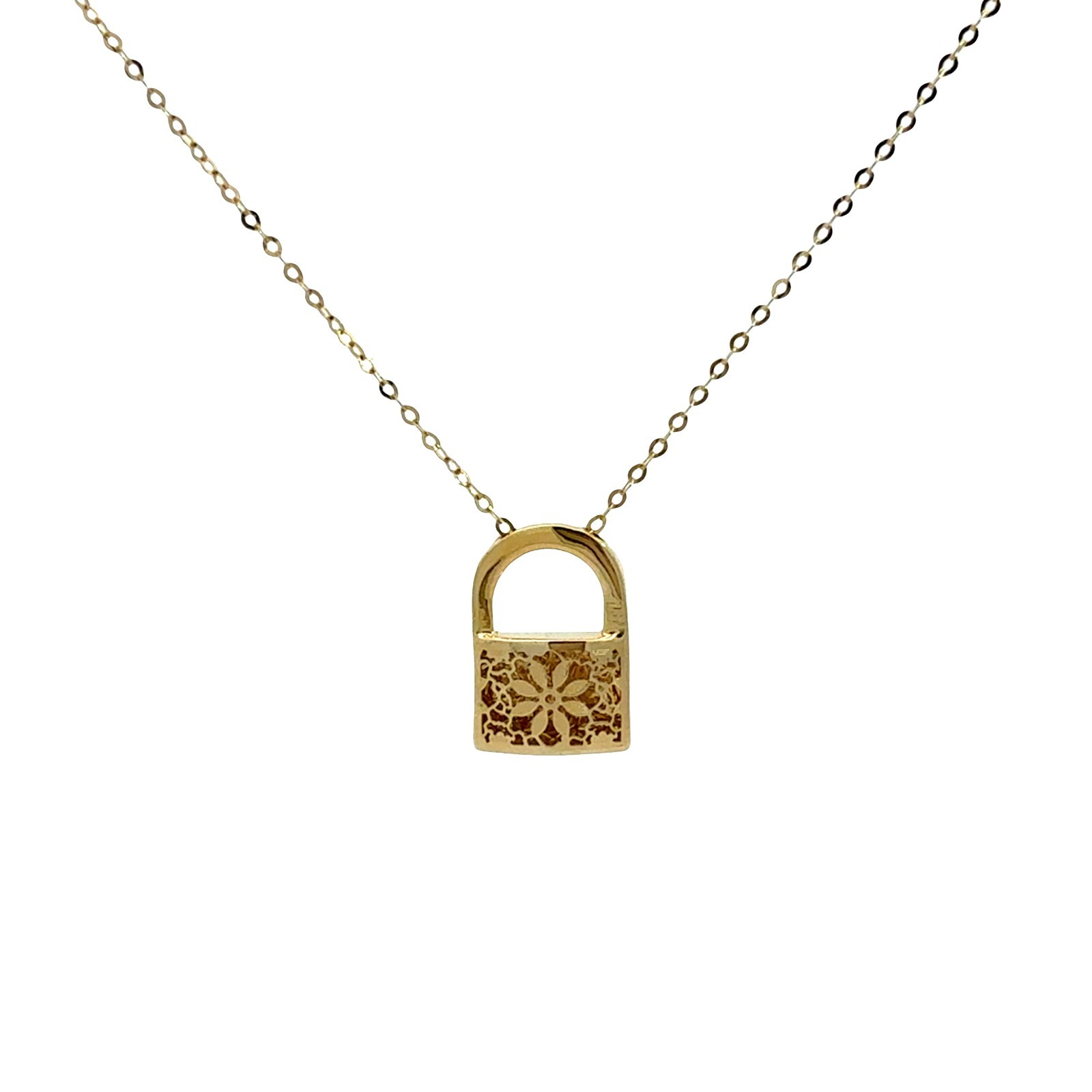 14k Yellow Gold Floral Openwork Padlock Pendant Neclace