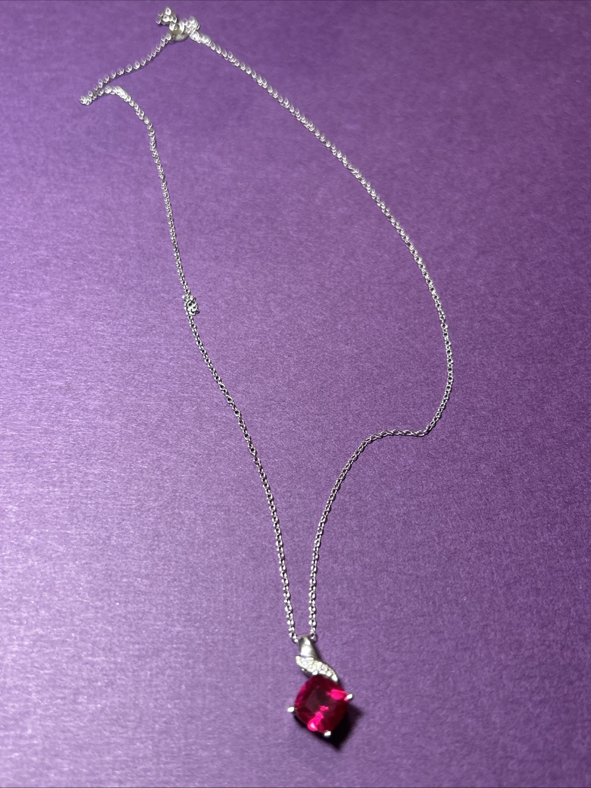 Sterling Silver Necklace with Synthetic Red Stone Marked 925