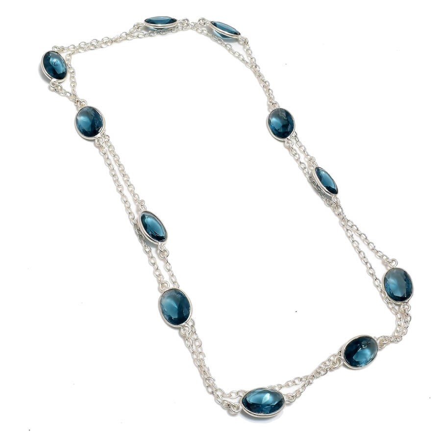London blue Topaz Gemstone Handmade 925 Sterling Silver Jewelry Necklace 36″