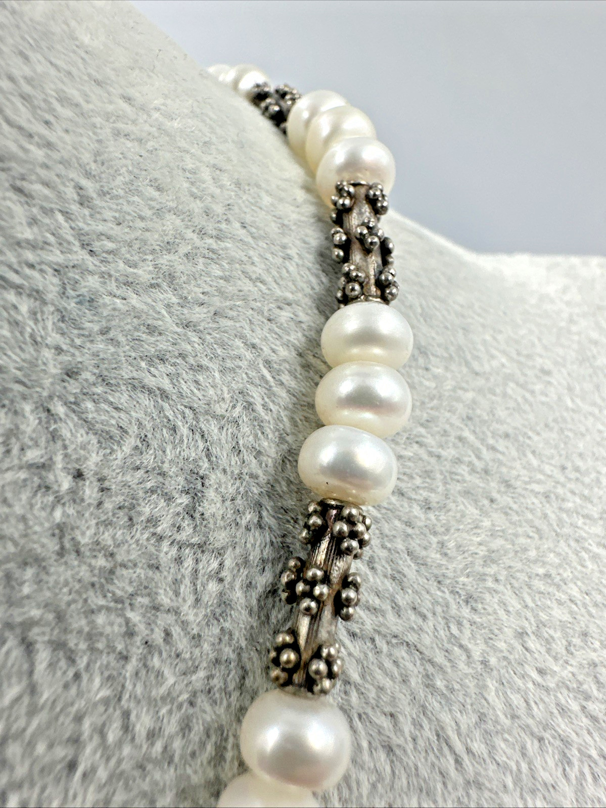 Sterling Silver Pearl Brutalist Caviar Popcorn Bead Station Necklace 16″ 28.6g