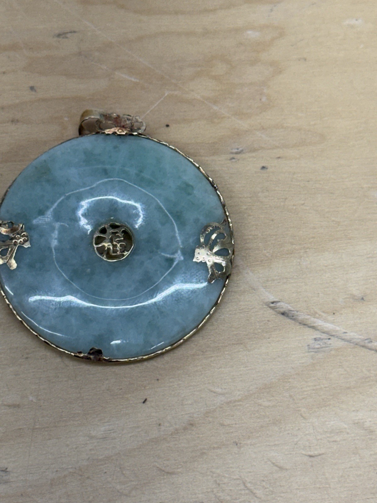 14k Yellow Gold Light Green JADE Disk 1-1/2″ Pendant