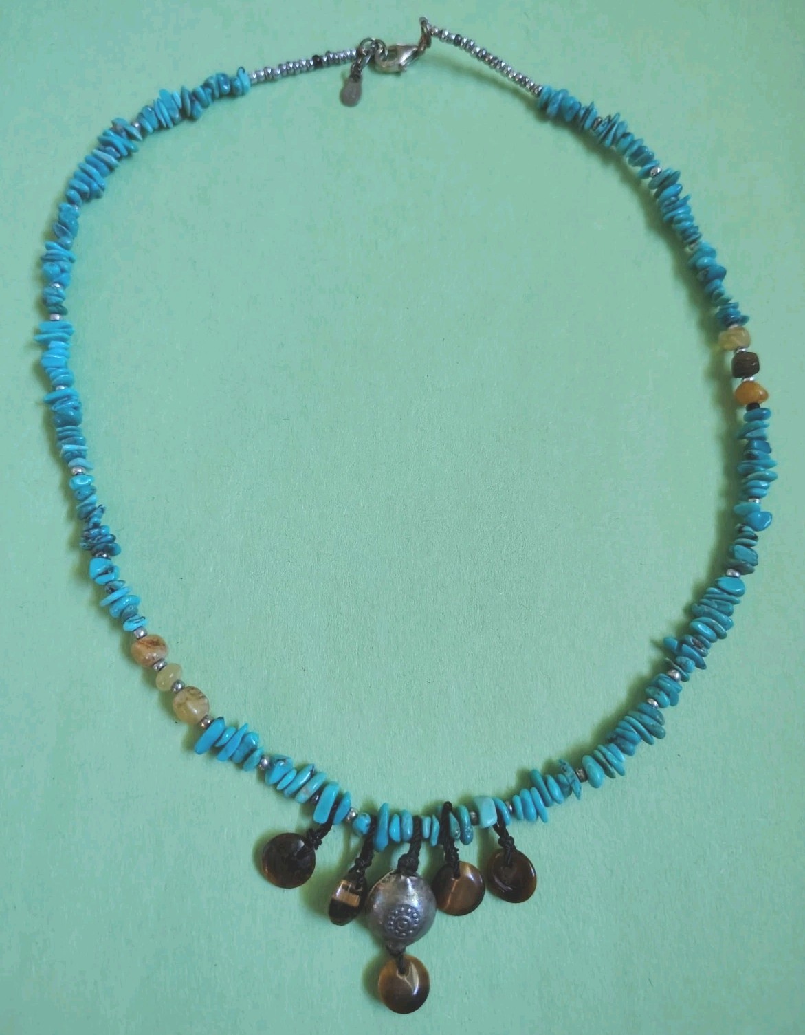 PEYOTE BIRD Signed 925 TURQUOISE, Tiger’s Eye & Quartz Beaded Choker Necklace