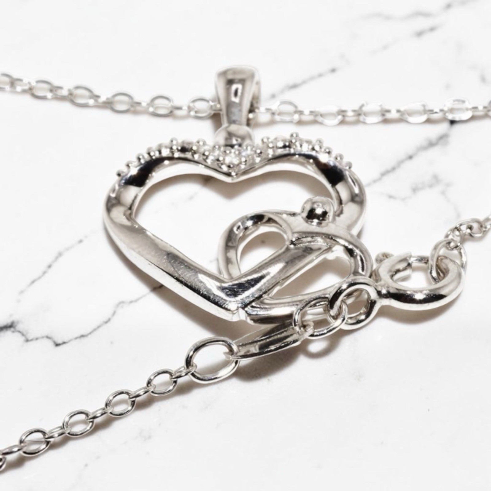Sterling Silver Natural Diamond Interlocking Double Heart Necklace 18 inch NWT