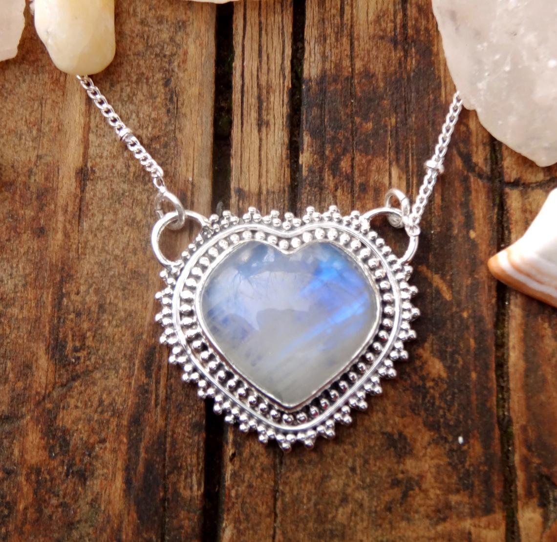 Heart Shape Rainbow Moonstone Gemstone 925 Sterling Silver Handmade Pendant w-4