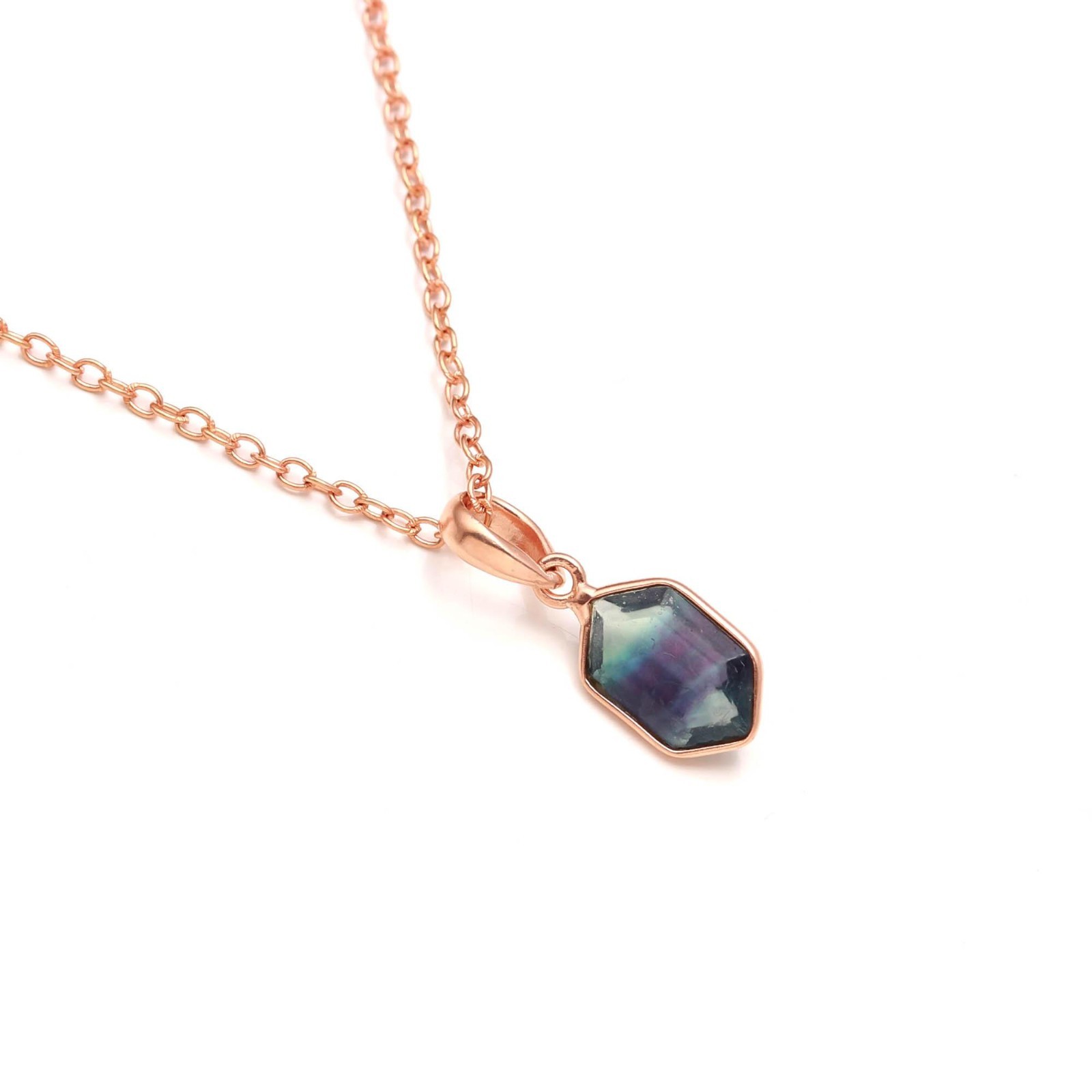 Natural Fluorite Hexagon Necklace Rose Gold Plated 925 Sterling Silver Jewelry