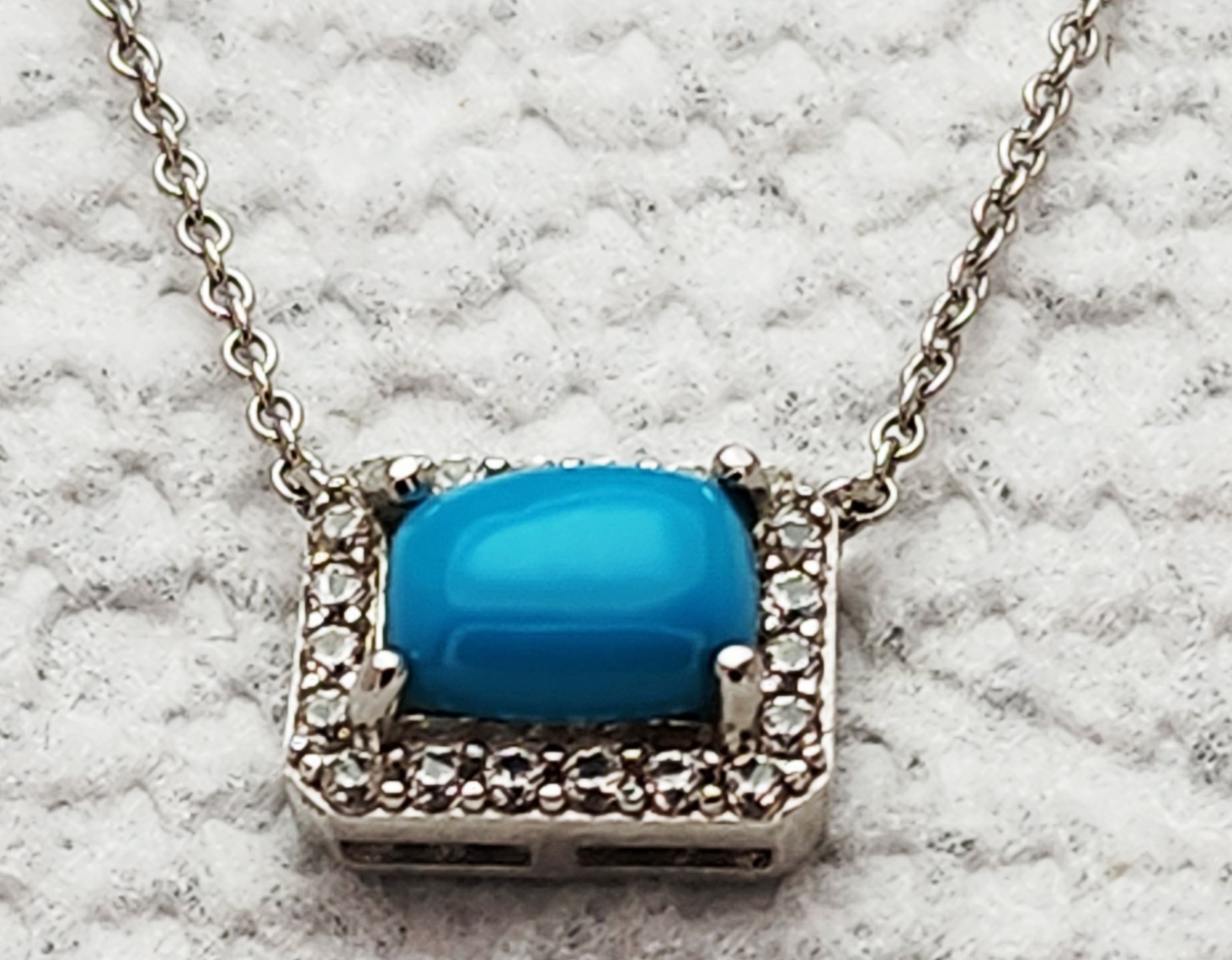 Wonderful Sterling Silver Turquoise Clear Stone Rectangle MLD 18” Necklace