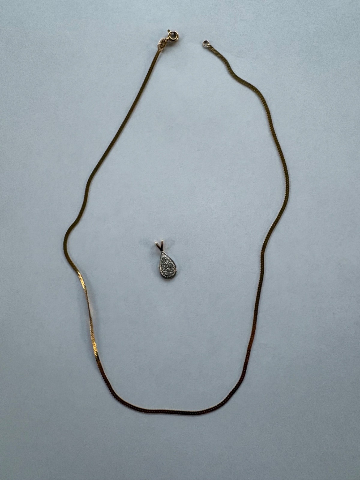 14K GOLD CHAIN NECKLACE, FLAT HERRINGBONE, 16″, PENDANT with SMALL DIAMONDS
