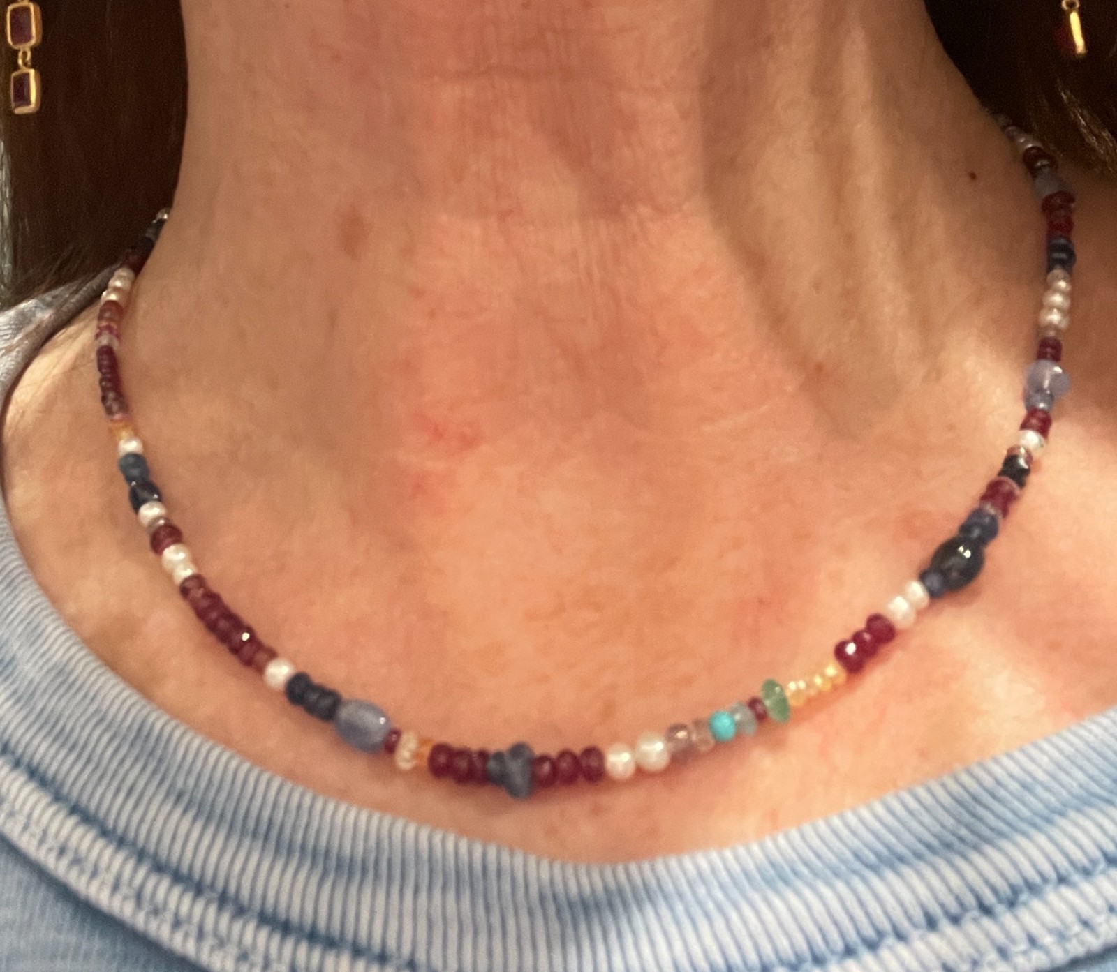 .925 Sterling Silver Ruby, Sapphire, & Gemstone Bead Necklace